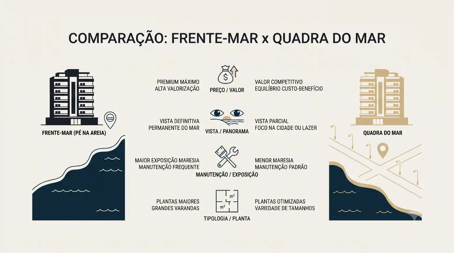 Infográfico comparando frente-mar e quadra do mar: frente-mar com maior exposição à maresia e manutenção frequente, vista permanente e maior valorização; quadra do mar com menor maresia, manutenção padrão e foco no lazer em um layout com ilustrações de prédios e praia ao fundo.