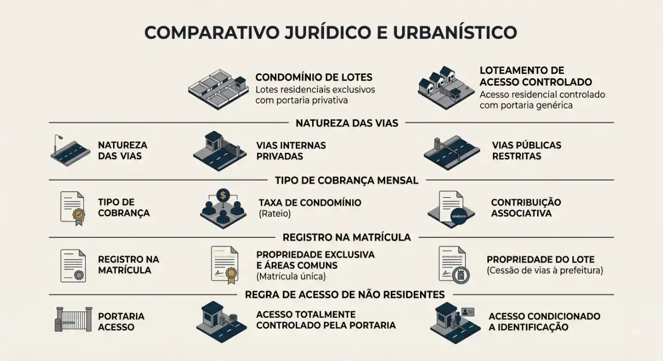 Infográfico comparativo jurídico e urbanístico com plantas de lotes e condomínios, mostrando natureza das vias, tipo de cobrança mensal, taxa de condomínio, contribuição associativa e regras de acesso com portaria.
