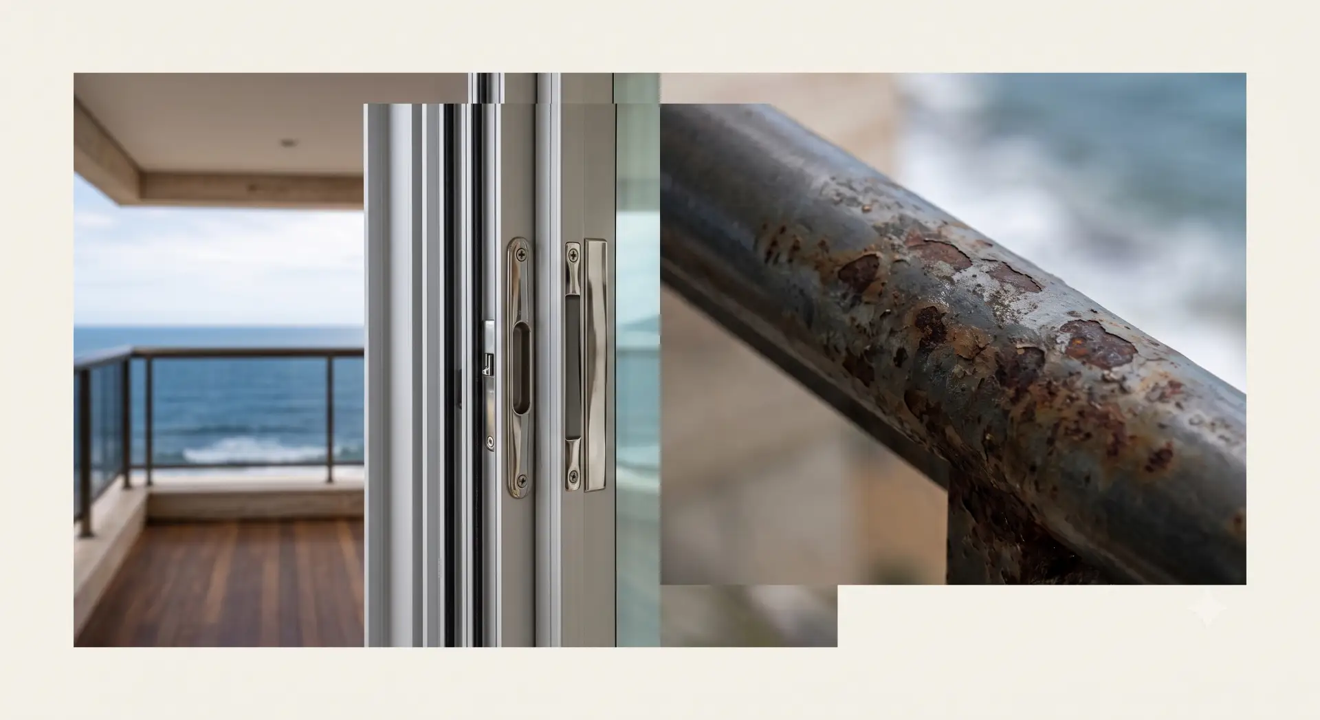 Detalhe de uma janela de alumínio com fechadura e trilhos, ao lado de uma imagem ampliada de metal corroído com ferrugem, em ambiente com vista para o mar.