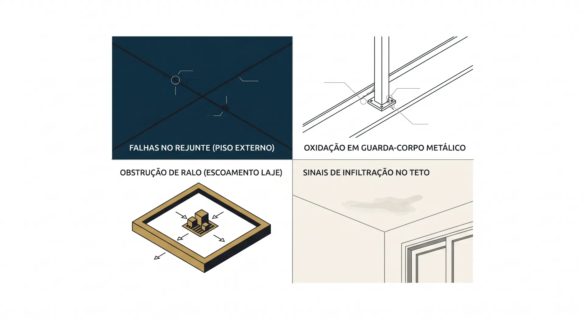Diagrama técnico com quatro ilustrações de infiltrações e problemas em construções: falhas no rejunte (piso externo), obstrução de ralo e escoamento na laje, oxidação em guarda-corpo metálico e sinais de infiltração no teto.