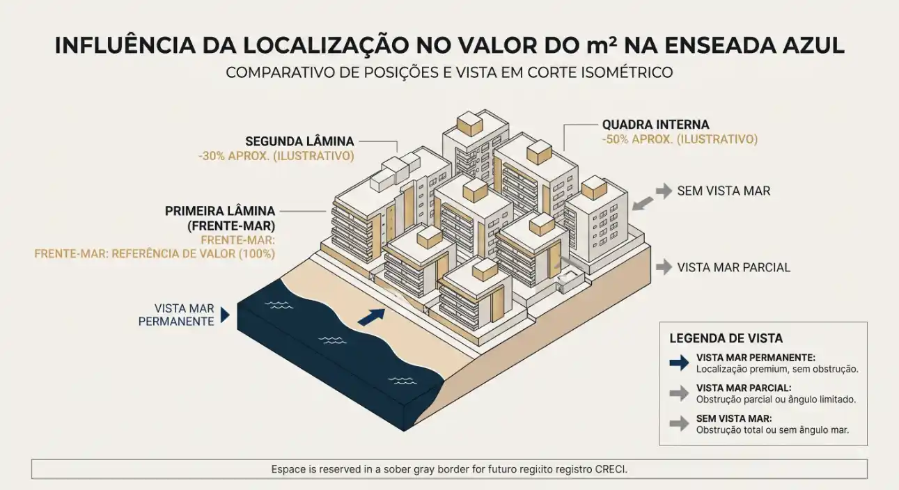 Infográfico em corte isométrico com o título “Influência da localização no valor do m² na Enseada Azul”, mostrando diferentes lâminas e faixas de vista mar: frente-mar, vista mar permanente e vista mar parcial, com comparação de valores em porcentagens.