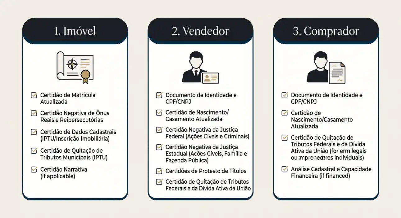Infográfico com três etapas do processo imobiliário: 1. Imóvel, com itens como Certidão de Matrícula Atualizada, Certidão Negativa de Ônus Reais e Certidão de Quitação de Tributos; 2. Vendedor, com Documentos de Identidade e CPF/CNPJ, certidões e quitações; 3. Comprador, com documentos e análises para cadastro e capacidade financeira.
