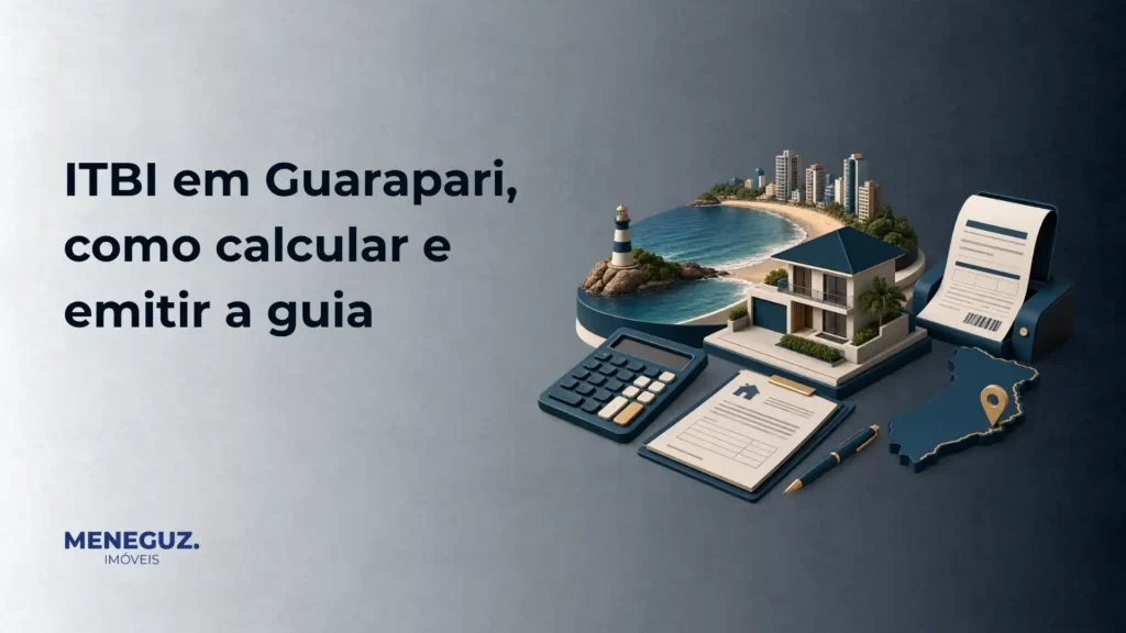 Imagem de capa com o texto “ITBI em Guaraparí, como calcular e emitir a guia”, ao lado de uma ilustração de Guarapari com uma calculadora, documentos e pin de localização sobre o mapa.