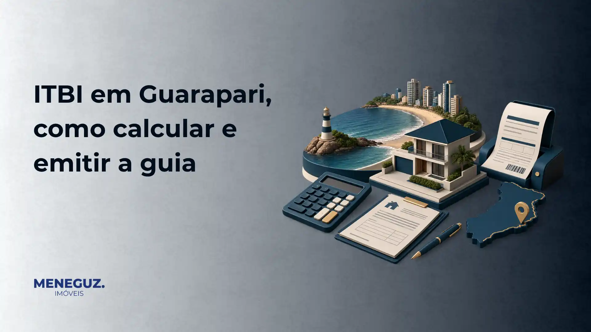 Imagem de capa com o texto “ITBI em Guaraparí, como calcular e emitir a guia”, ao lado de uma ilustração de Guarapari com uma calculadora, documentos e pin de localização sobre o mapa.