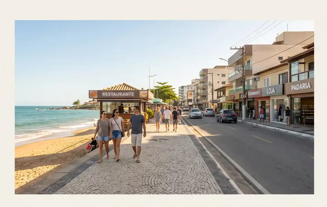 Passeio à beira-mar com pessoas caminhando em uma rua costeira, ao lado da praia e do calçadão, com prédios e comércios na orla e carros na via