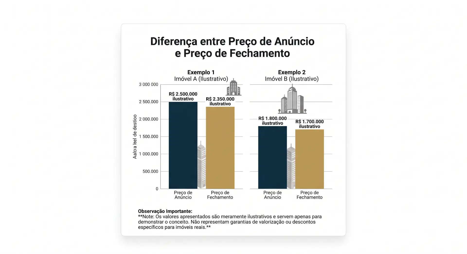 Infográfico com o título “Diferença entre Preço de Anúncio e Preço de Fechamento”, comparando valores estimados em dois exemplos, com gráficos de barras e colunas para anúncio e fechamento.